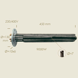 résistance Multimatic avec flasque Ø 130 6 trous l=450 9000 W avec sonde