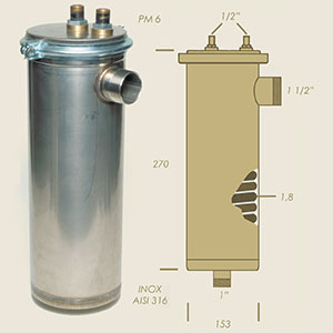 PM6 Kondensator aus AISI 316L Edelstahl mit  vernickelter Schlange A=270 B=153